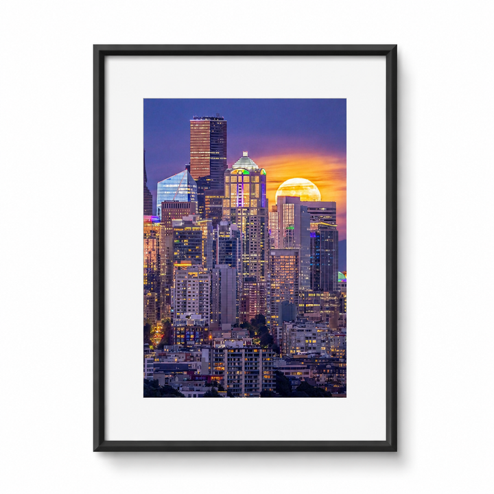 Seattle Supermoon Fine Art Photography Print in a black frame with white mat