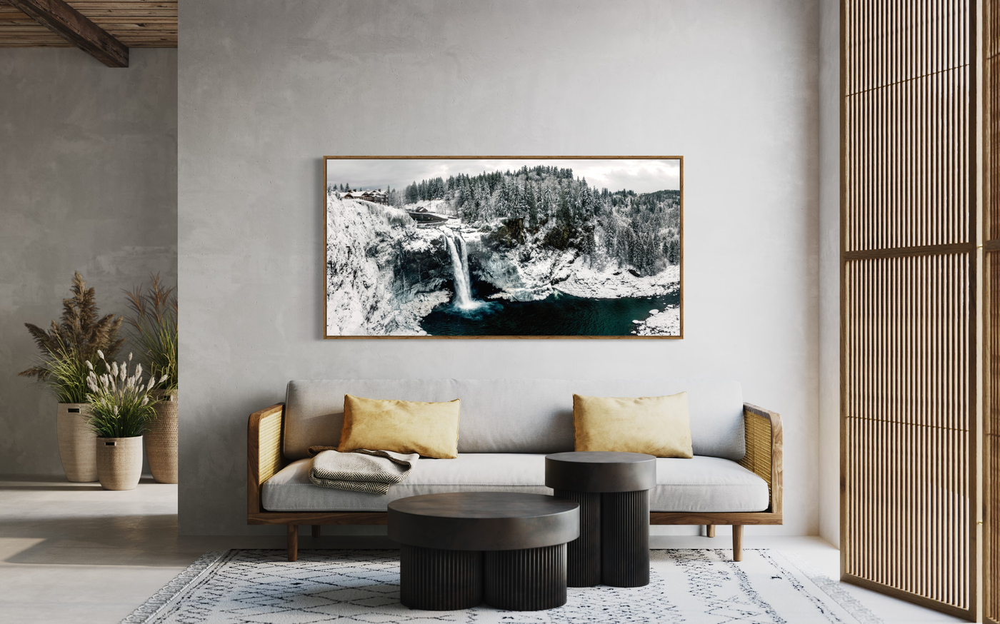 Snoqualmie Falls Winter displayed in a contemporary room interior