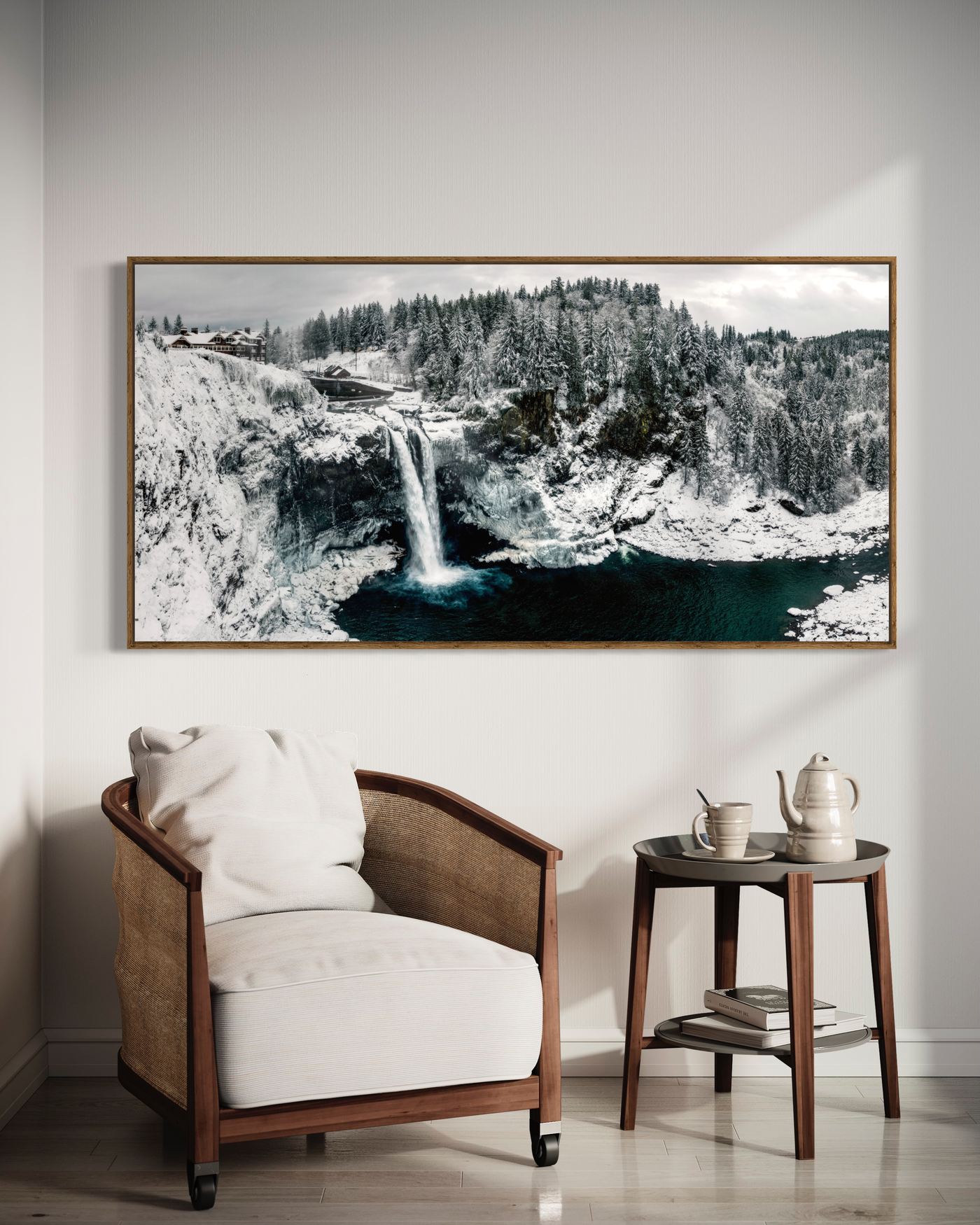 Snoqualmie Falls Winter displayed in a styled room interior