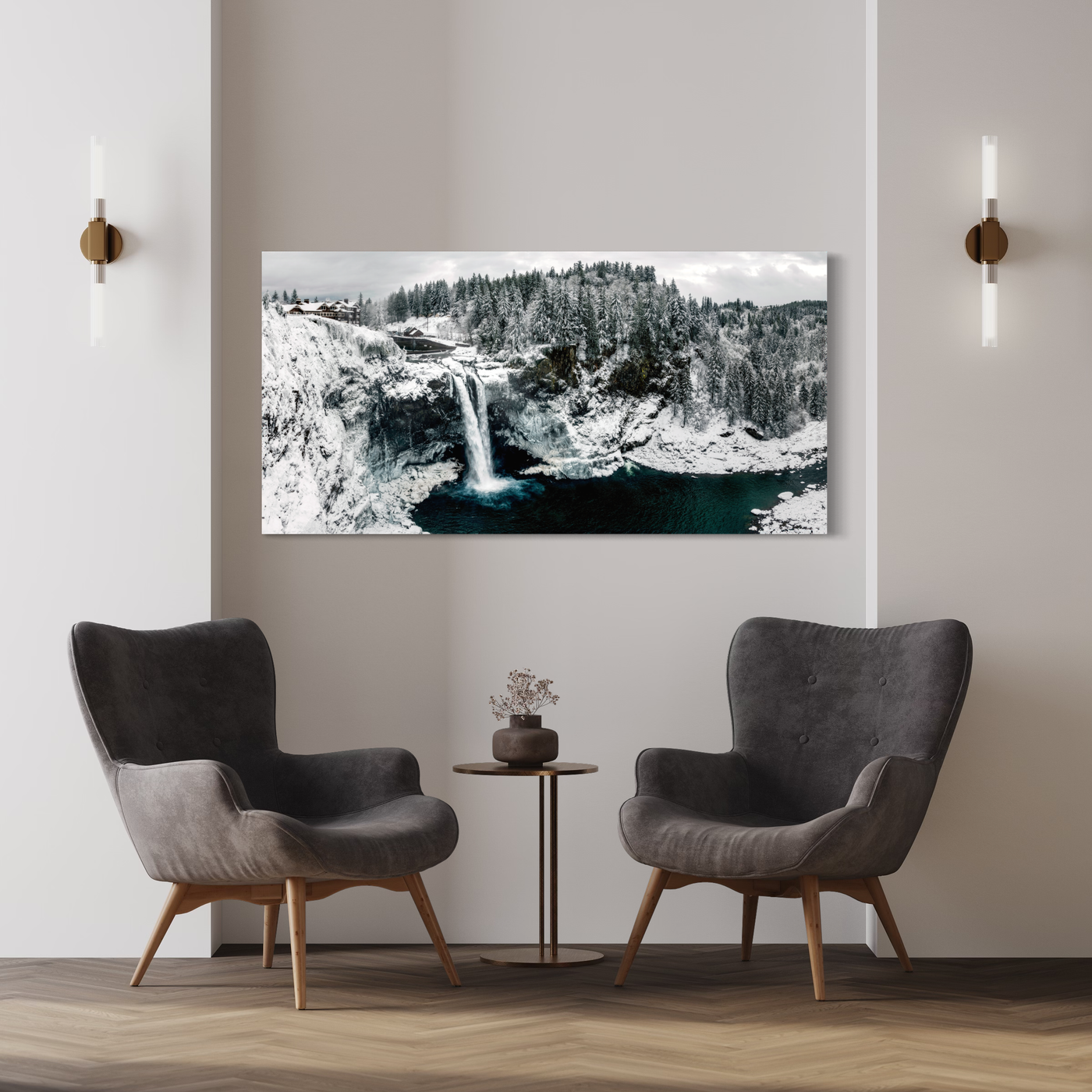 Snoqualmie Falls Winter displayed in an elegant room interior