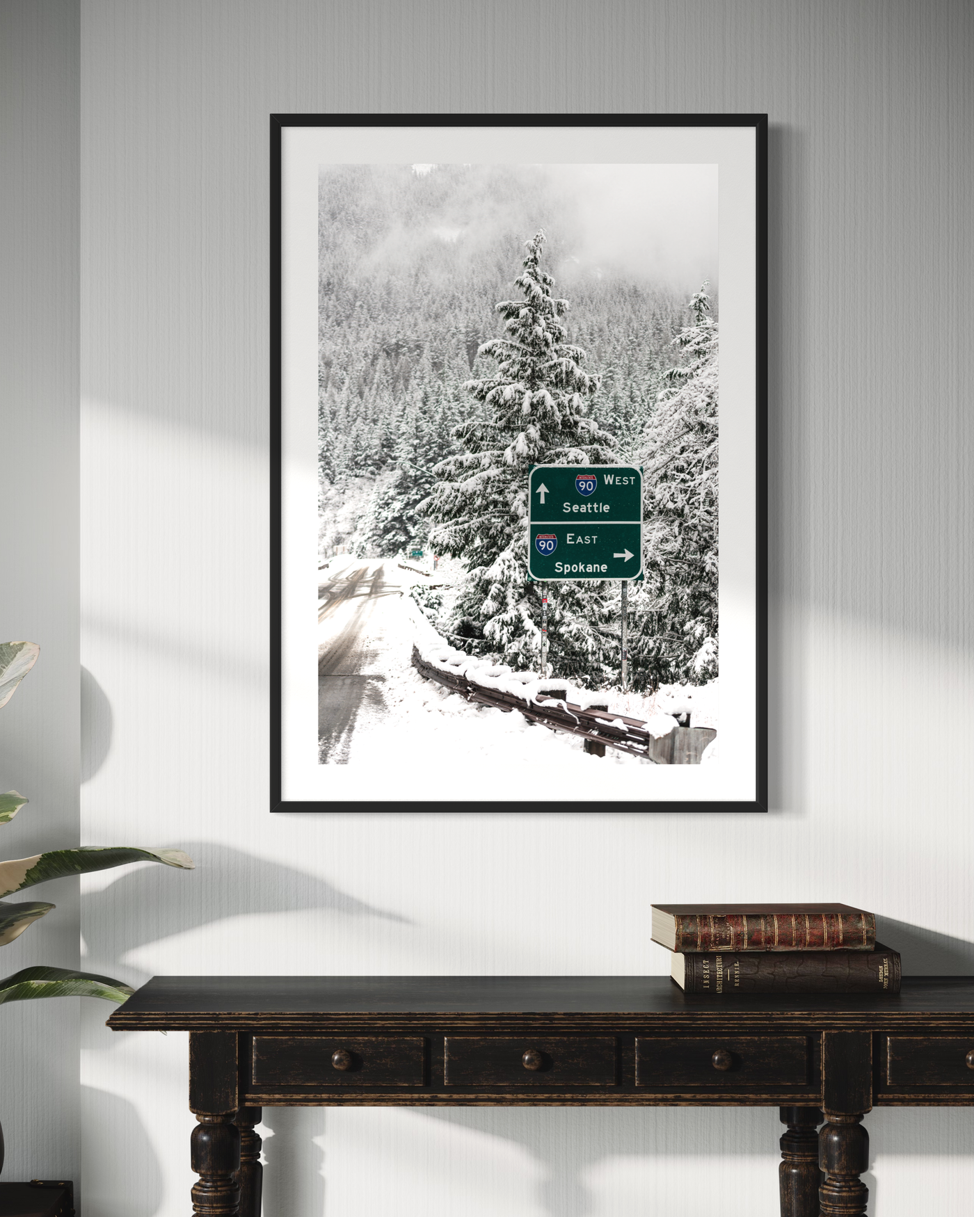 Snowy Mountain Road Pacific Northwest displayed in a refined room interior