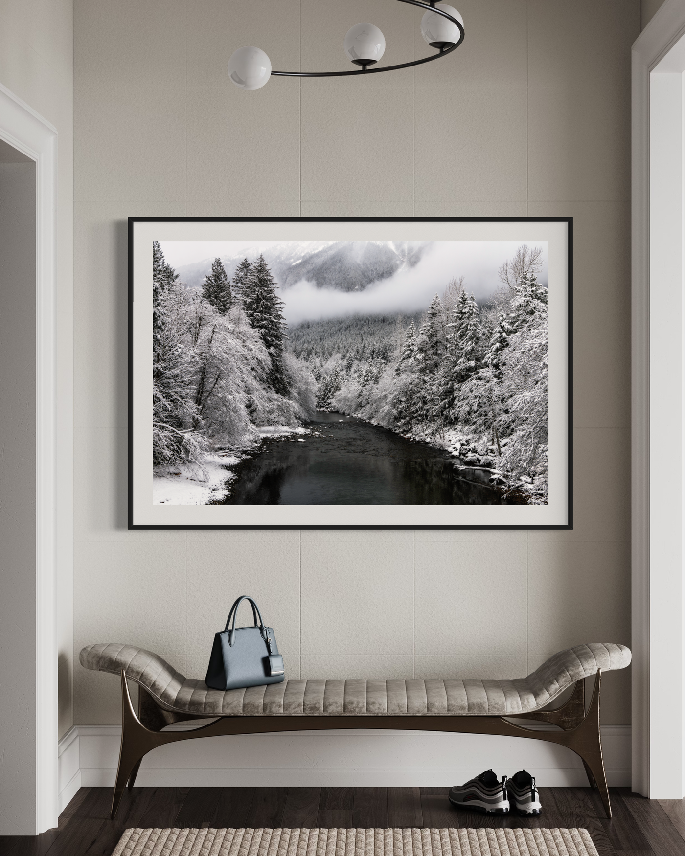 Winter River Snowy Mountain displayed in a styled room interior
