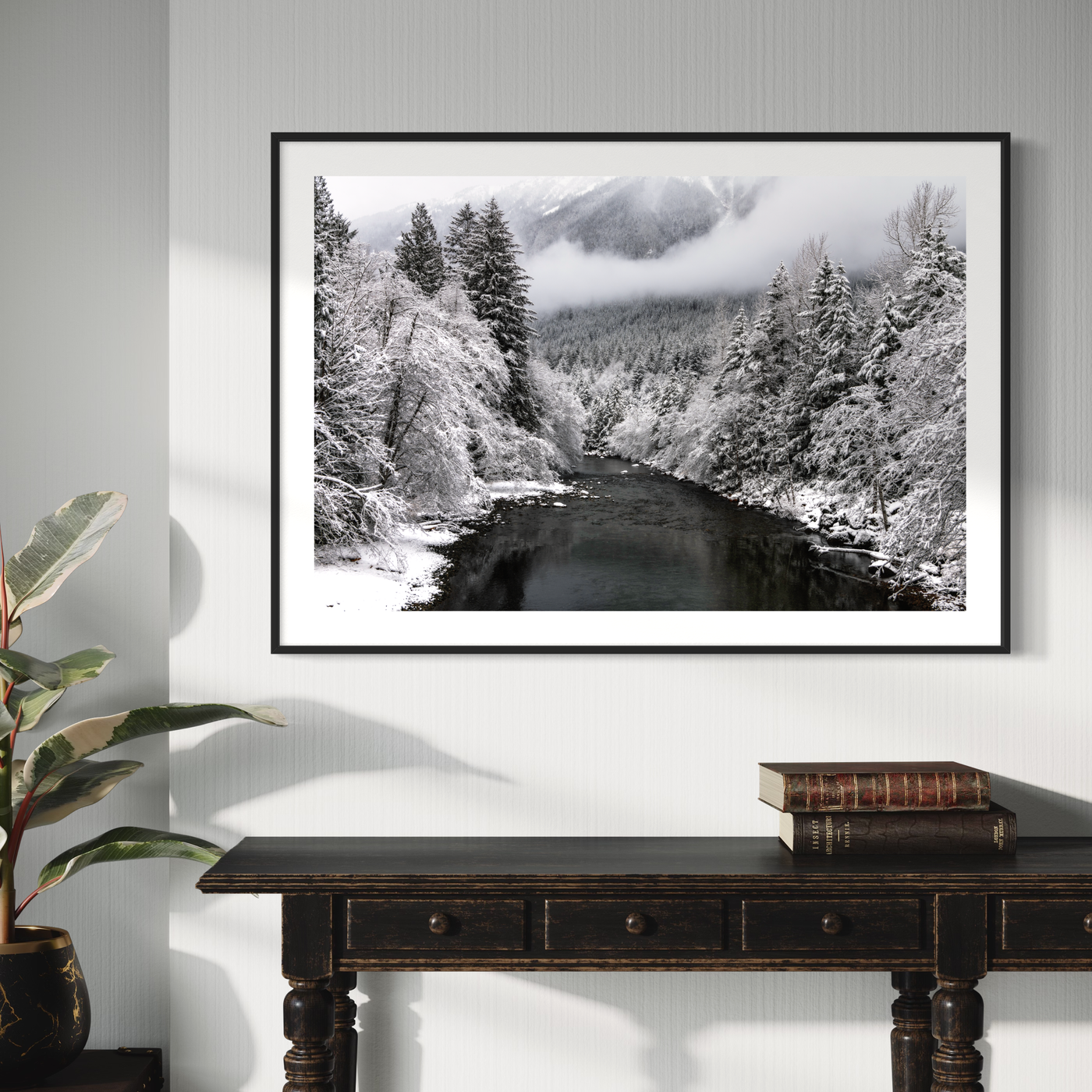 Winter River Snowy Mountain displayed in a home interior
