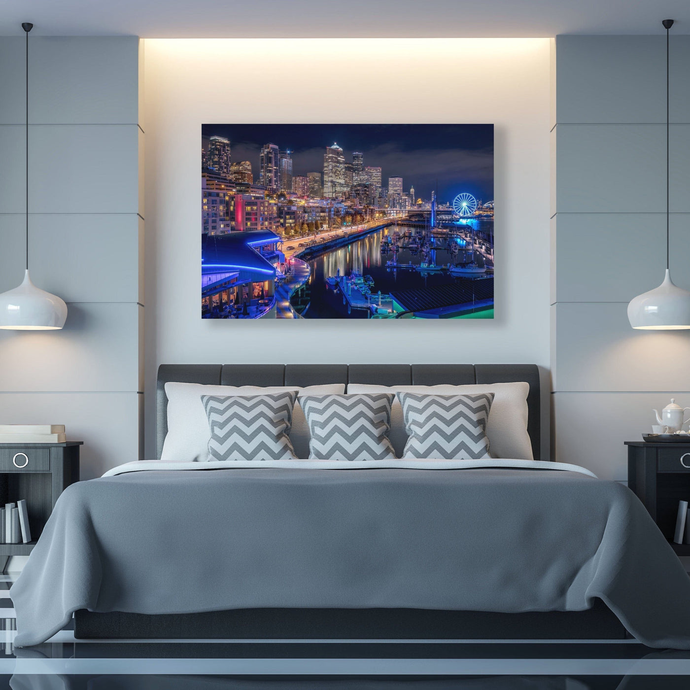 Downtown Seattle Night displayed in a styled room interior