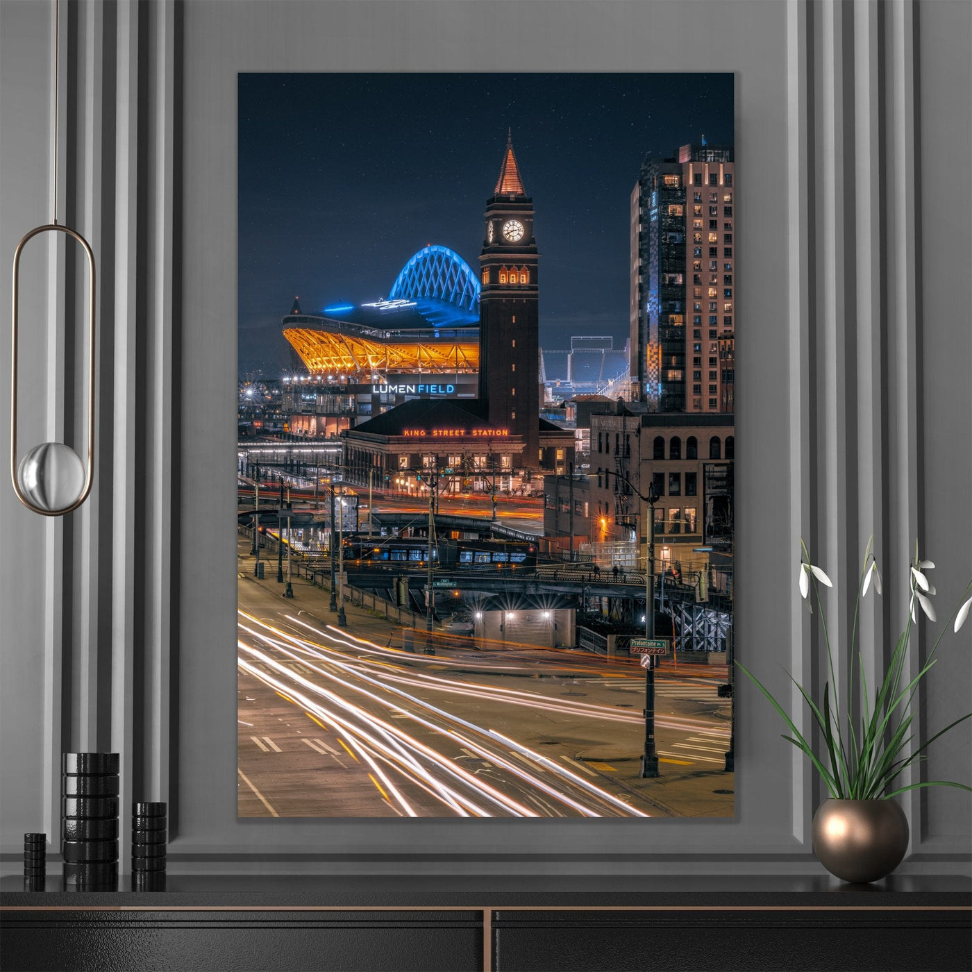 Seattle Night Skyline Lumen Field and King Street displayed in a styled room interior