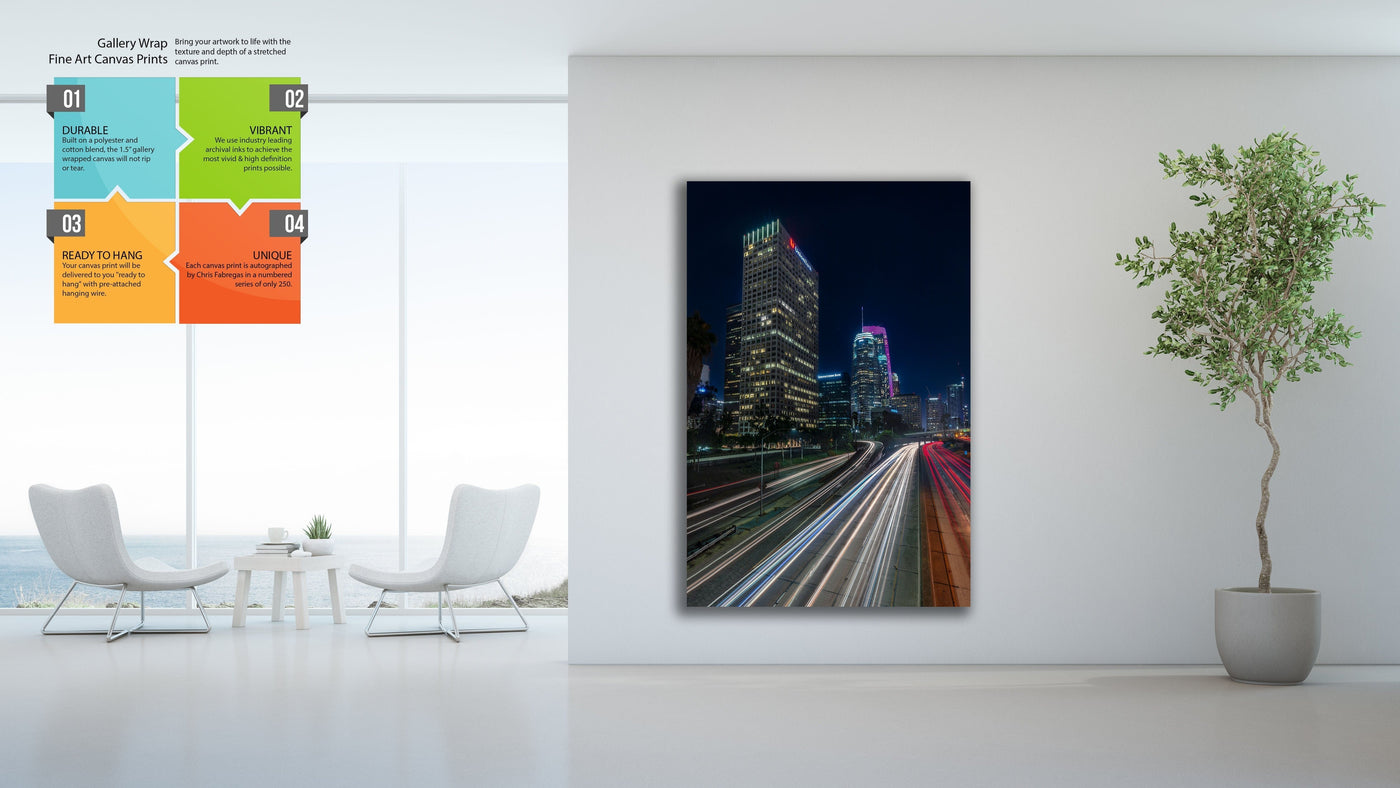 Los Angeles Night Long Exposure displayed in an elegant room interior