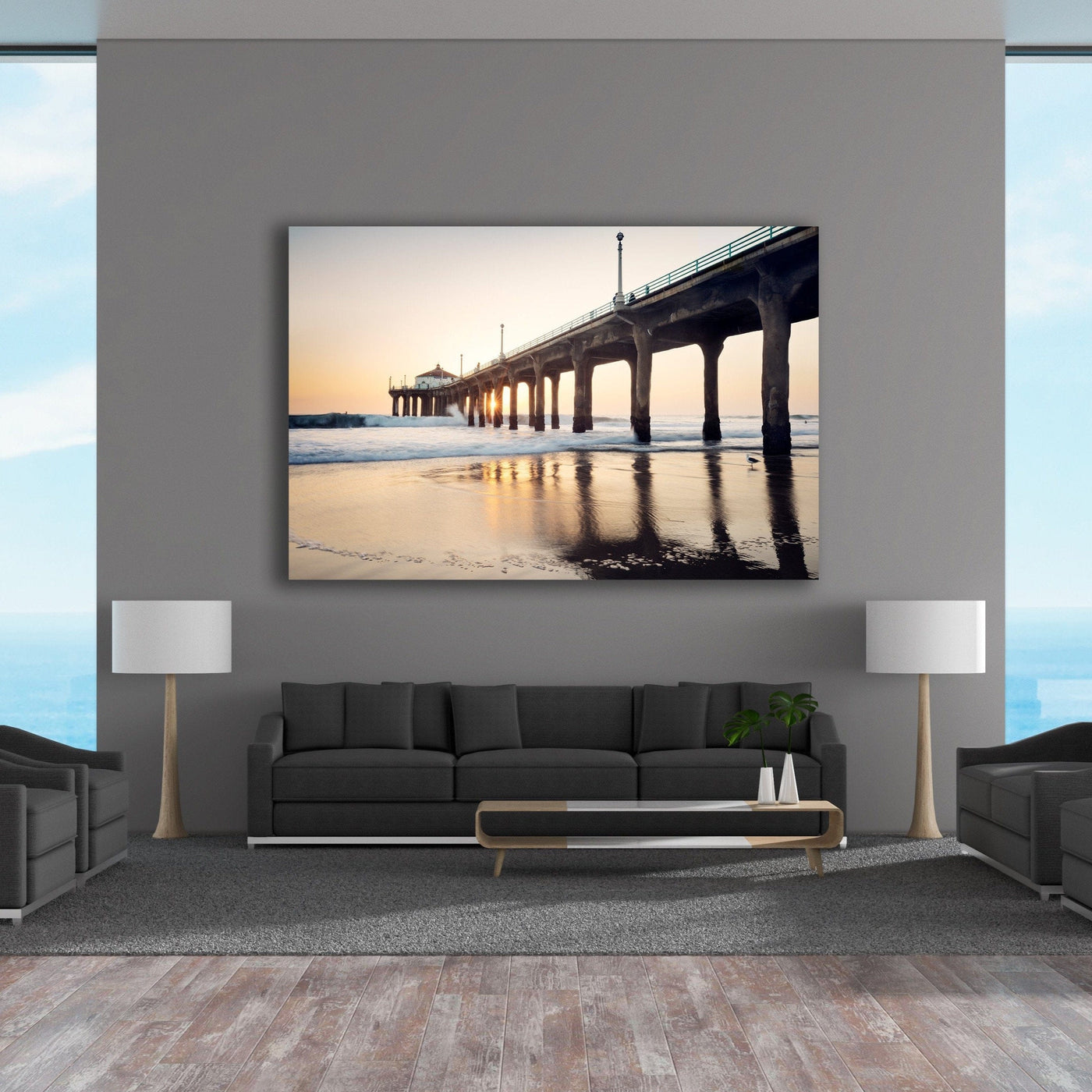 Manhattan Beach Pier Sunset displayed in a contemporary room interior