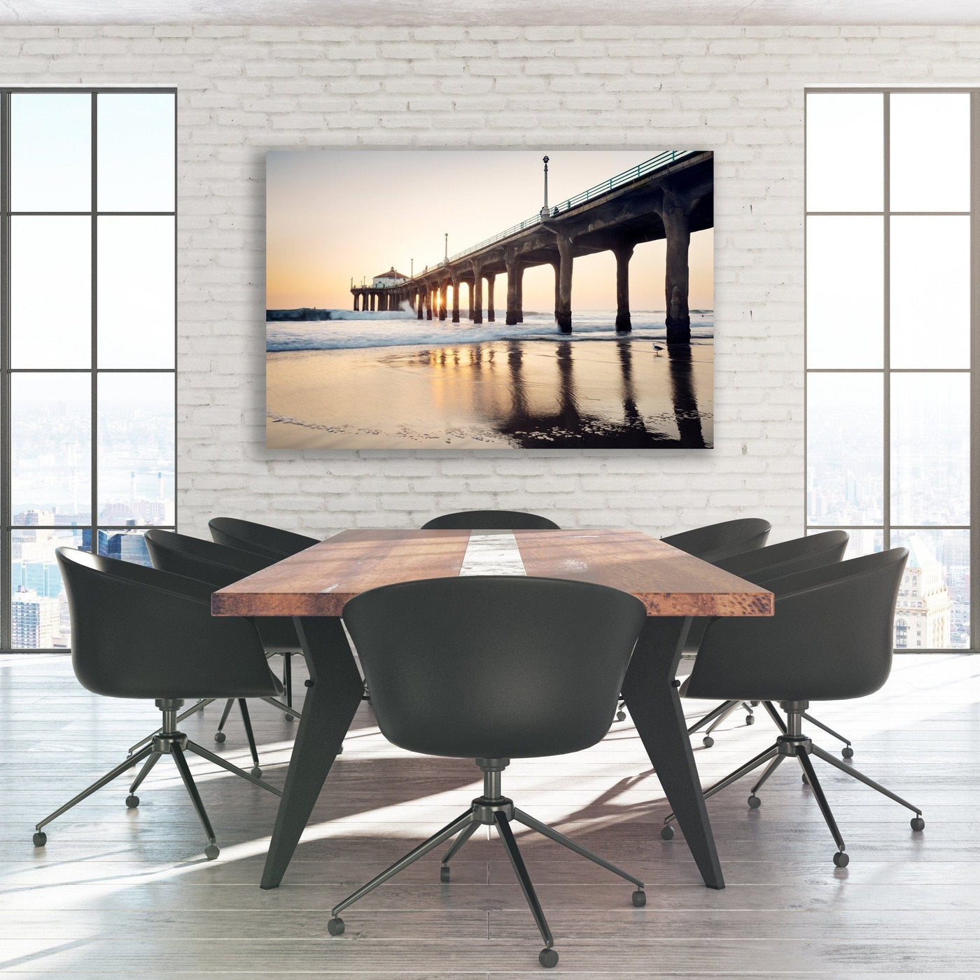 Manhattan Beach Pier Sunset displayed in an elegant room interior