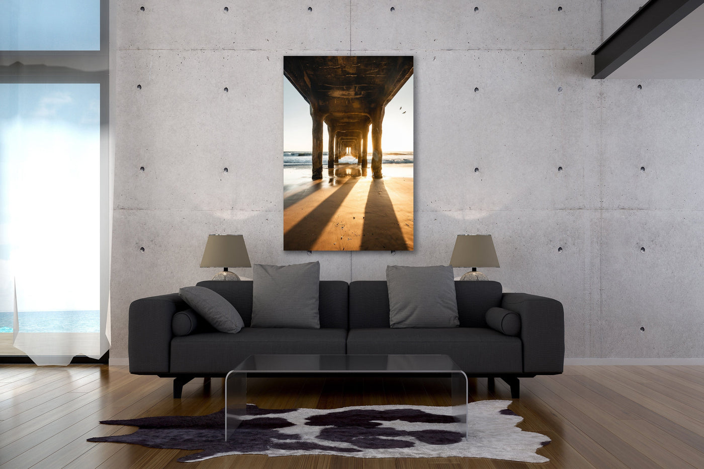 Manhattan Beach Pier Sunset Pillars displayed in a styled room interior