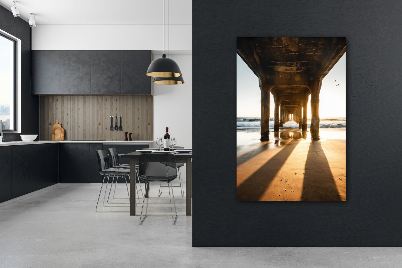 Manhattan Beach Pier Sunset Pillars displayed in an elegant room interior