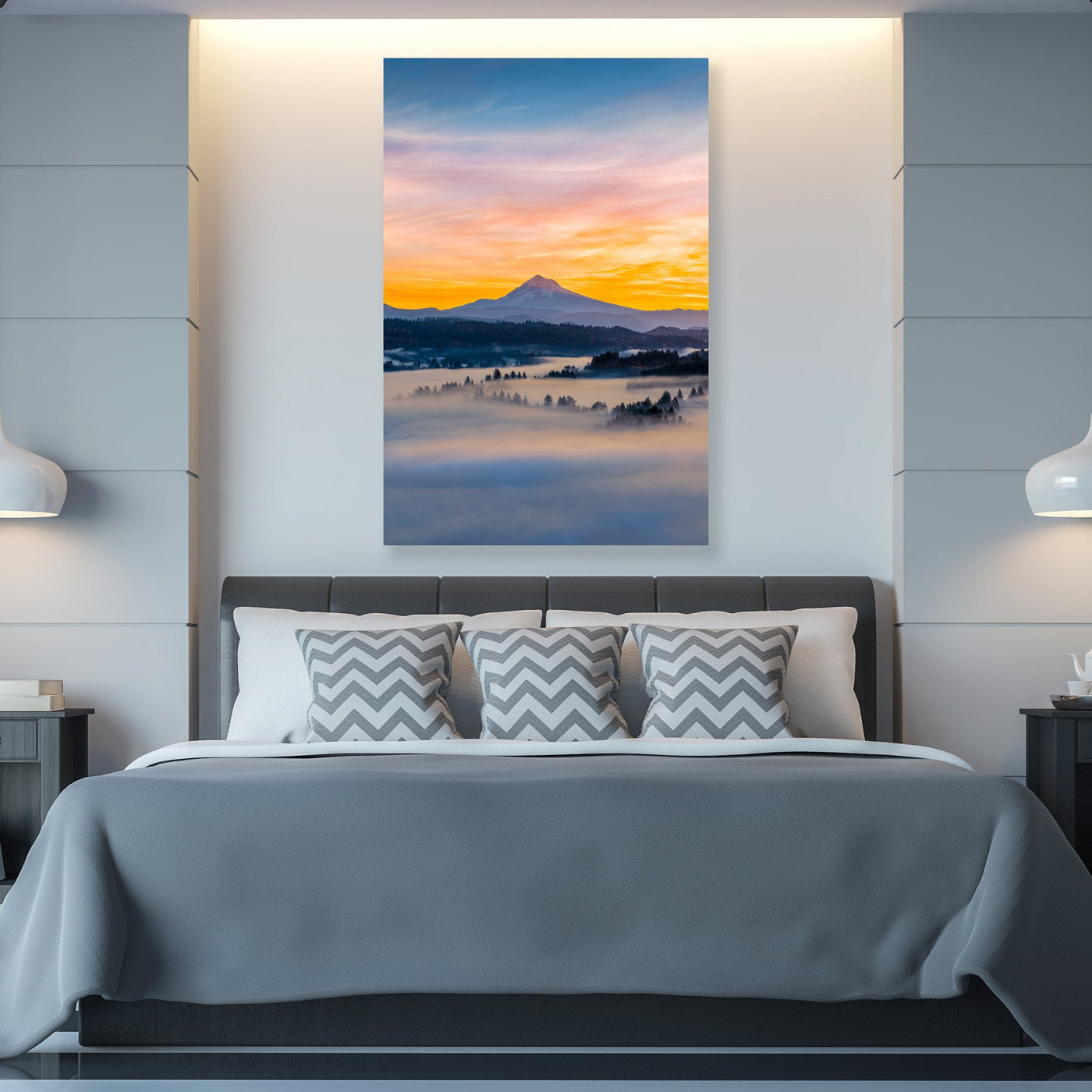 Mount Hood Sunrise displayed in an upscale interior setting
