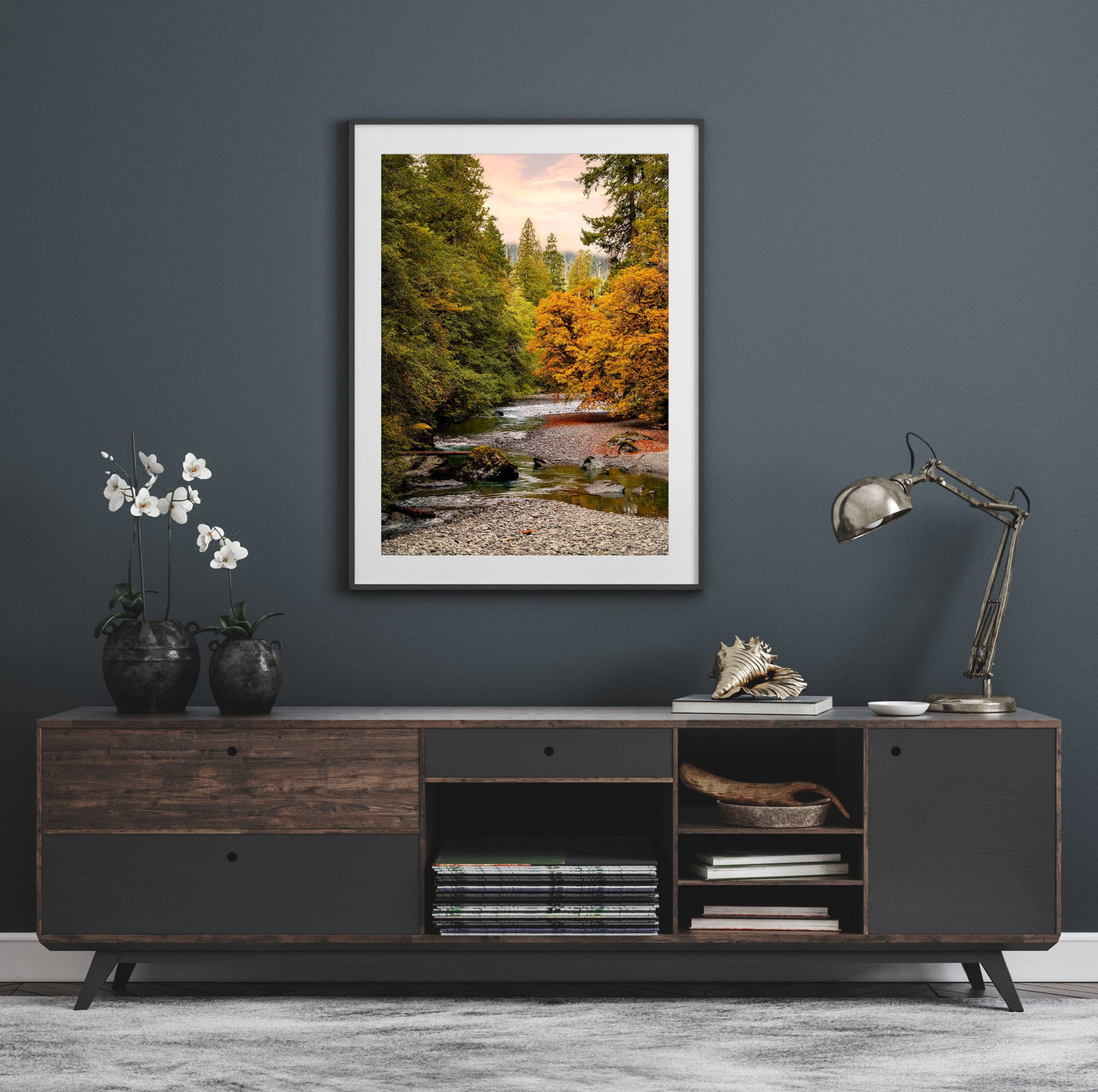 Olympic National Park Autumn River displayed in an elegant room interior