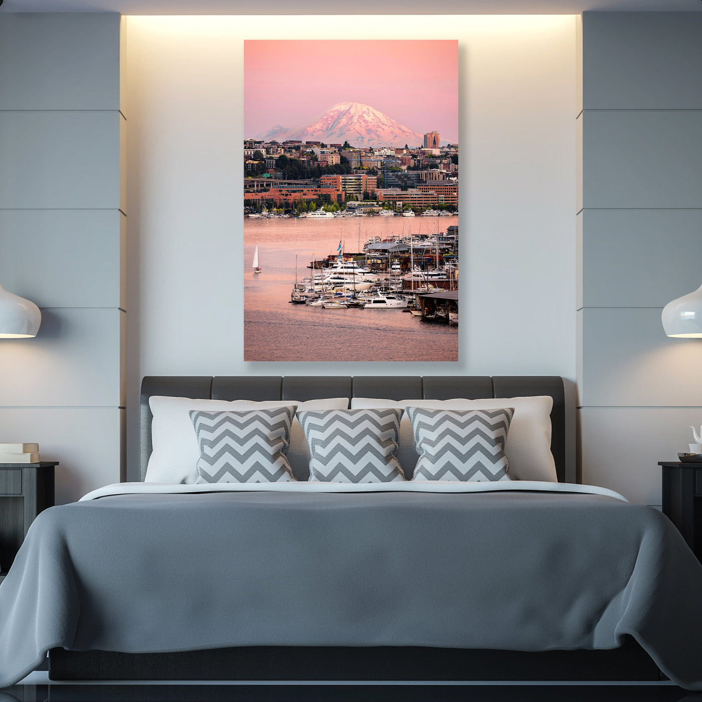 Seattle Lake Union and Mount Rainier displayed in a refined room interior