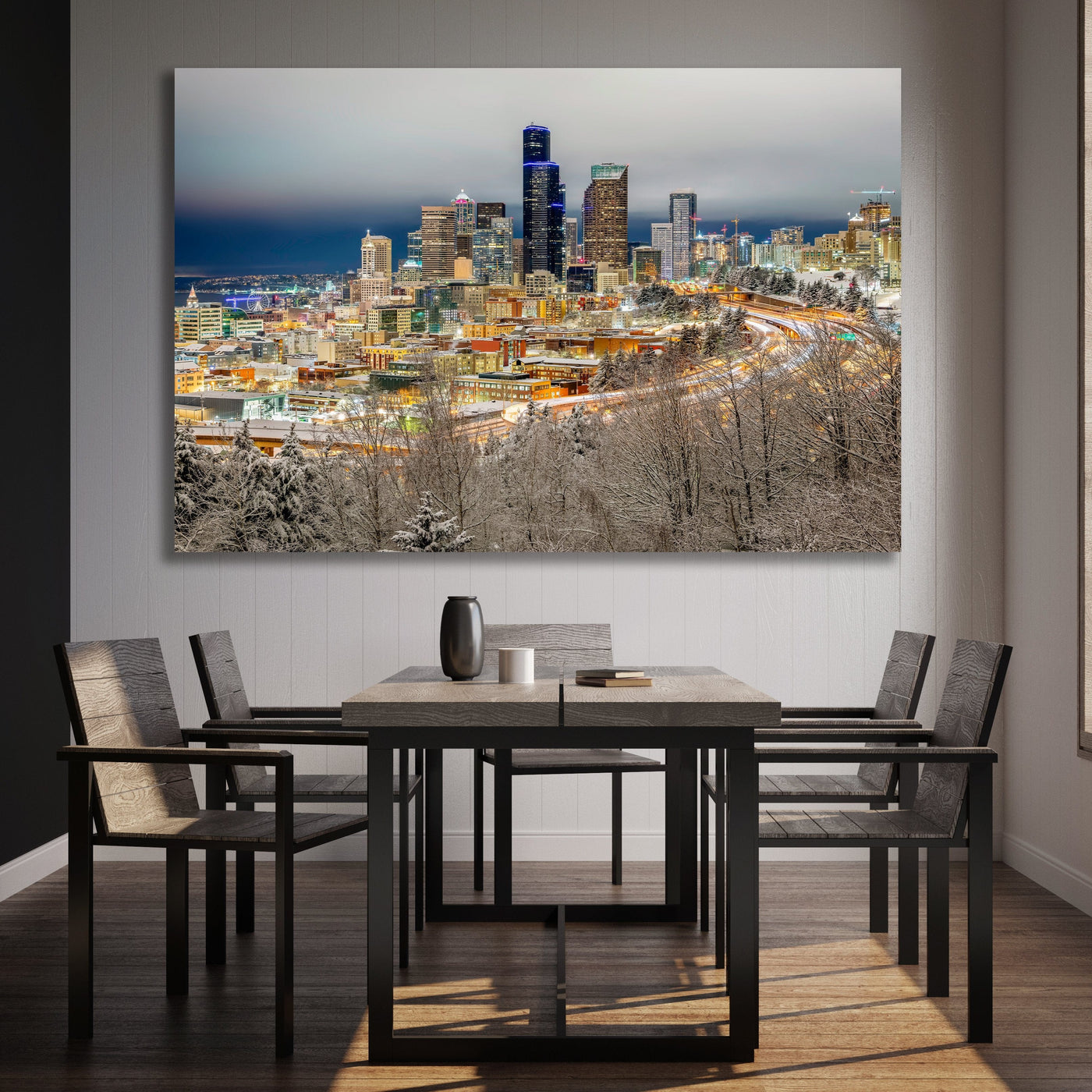 Snowy Seattle Skyline Limited Edition displayed in a styled room interior
