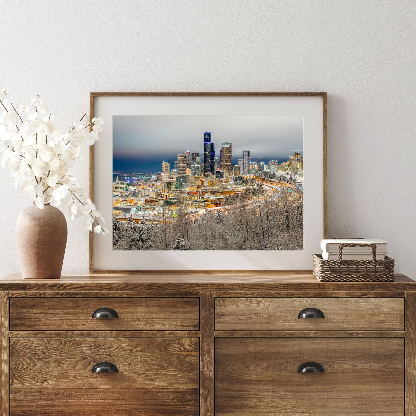 Snowy Seattle Skyline Limited Edition displayed in a refined room interior