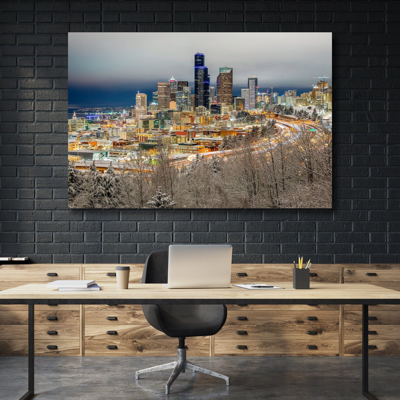 Snowy Seattle Skyline Limited Edition displayed in a contemporary room interior