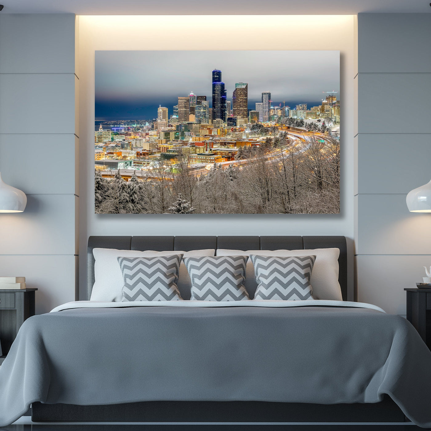 Snowy Seattle Skyline Limited Edition displayed in an elegant room interior