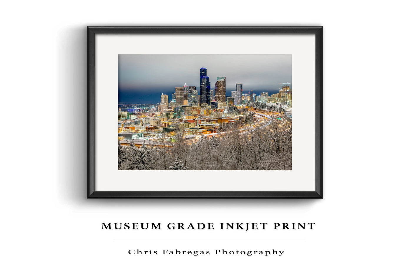 Snowy Seattle Skyline Limited Edition displayed in a home interior