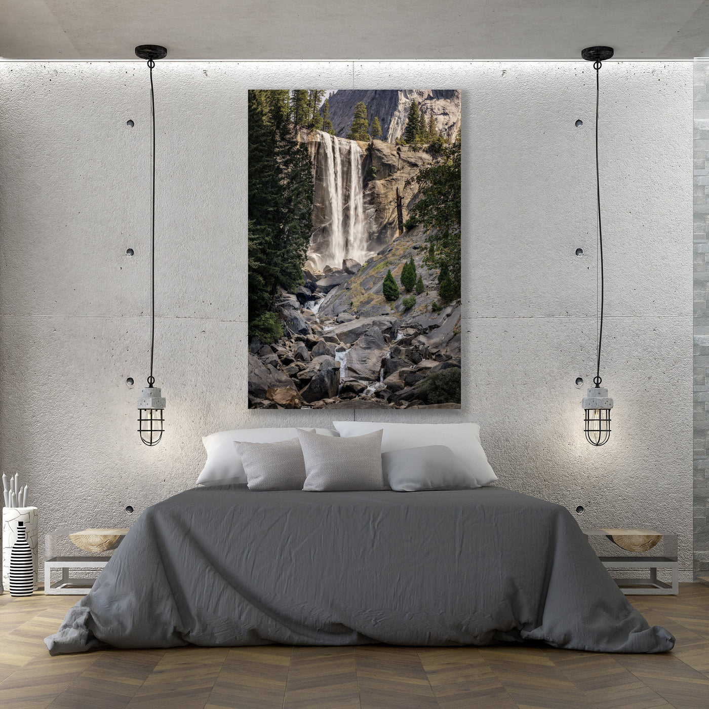 Yosemite Vernal Falls displayed in a styled room interior