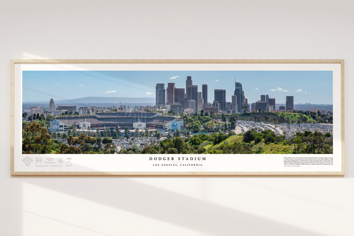 Dodger Stadium Panoramic Los Angeles Fine Art Print displayed in a styled room interior 1