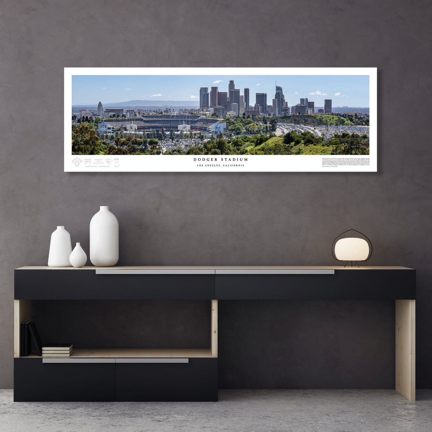 Dodger Stadium Panoramic Los Angeles Fine Art Print displayed in a styled room interior 4