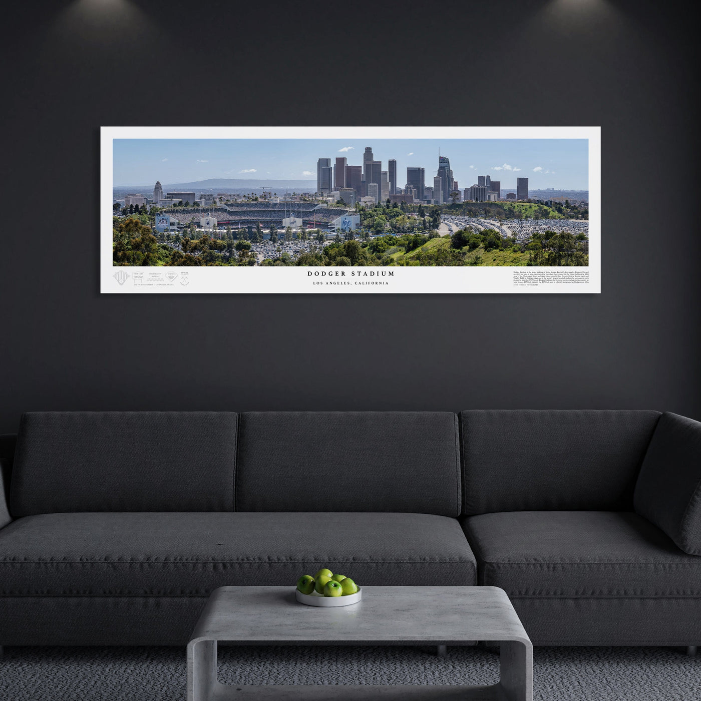 Dodger Stadium Panoramic Los Angeles Fine Art Print displayed in a styled room interior 3